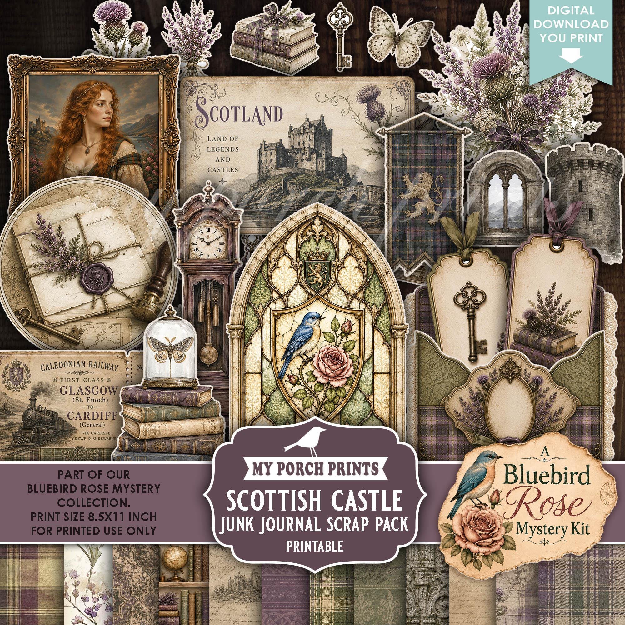 Bluebird Rose Mystery Scottish Castle Scrap Pack, Junk Journal Kit Papers Vintage Purple Celtic My Porch Prints Printable Digital Download