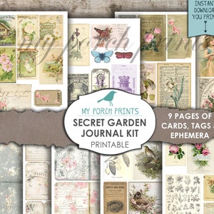 May include: Printable digital collage kit with 9 pages of vintage style cards, tags, and ephemera featuring images of flowers, butterflies, birds, and text. The kit is titled "Secret Garden Journal Kit" and is labeled "Printable".