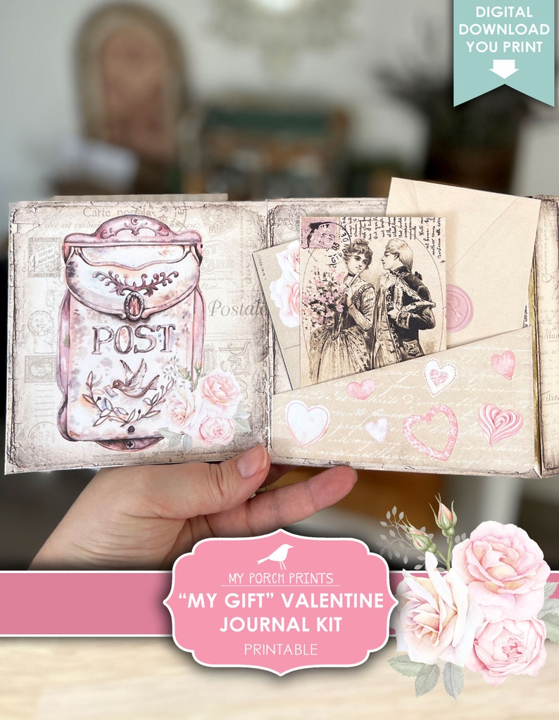May include: Printable Valentine's Day journal kit with a vintage aesthetic. The kit features a pink mailbox, a floral design, and the text "My Gift" Valentine Journal Kit Printable.