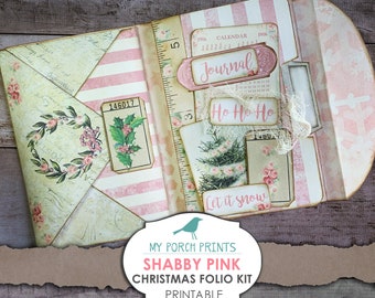 Shabby Pink Christmas Folio, Junk Journal Kit, Ephemera, My Porch Prints, Book, Printable, Junk Journal, Digital Kit, Vintage, Download