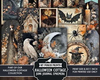 May include: A collection of Halloween-themed ephemera, including tags, illustrations, and a digital download print. The artwork features black cats, bats, spiders, pumpkins, and a witch's hat, with a vintage, cottagecore aesthetic. The text reads "Halloween Cottage Junk Journal Ephemera."