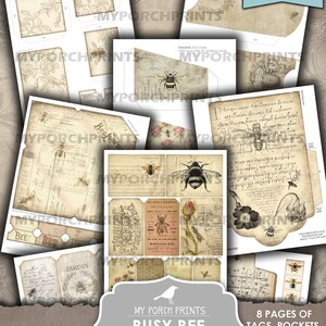 May include: Printable journal kit with a busy bee theme. The kit includes 8 pages of tags, pockets, and envelopes. The pages feature vintage-style illustrations of bees, flowers, and text.