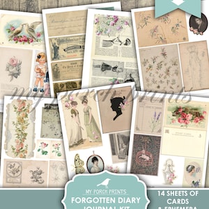 May include: A printable digital download kit of 14 sheets of vintage style cards and ephemera. The kit includes images of flowers, birds, women, and other vintage illustrations. The text on the image reads "My Porch Prints Forgotten Diary Journal Kit Printable 14 Sheets of Cards & Ephemera".