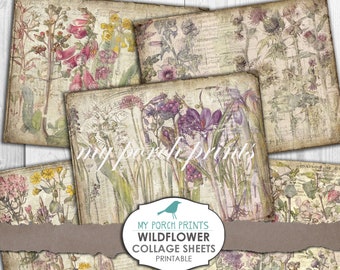 Wildflower Collage Sheets, Botanical, Junk Journal Kit, Pages, Papers, Ephemera, Potions Book, Scrapbook, Printable, Vintage, Plant, Garden