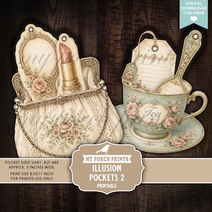 May include: A digital download featuring printable ephemera including a lace-trimmed handbag with a mirror and lipstick, and a tea cup with a saucer and tag. Text reads: POCKET SIZES VARY, BUT ARE APPROX. 5 INCHES WIDE. PRINT SIZE 8.5X11 INCH.