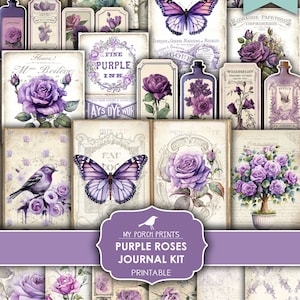 Purple Roses Junk Journal Kit, Garden, Flowers, Lavender, Vintage, Butterflies, Ephemera, Pages My Porch Prints, Printable, Digital Download
