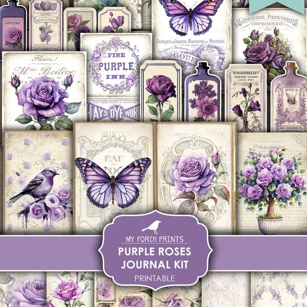 Junk Journal, Purple, Roses, Garden, Flowers, Lavender, Vintage, Butterflies, Ephemera, Kit, My Porch Prints, Printable, Digital Download