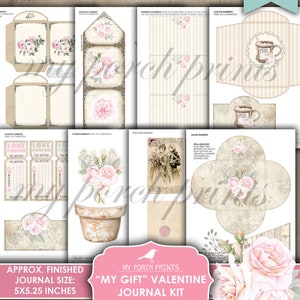 May include: Printable Valentine's Day journal kit with a pink and white floral theme. The kit includes a variety of elements, such as a notebook cover, envelopes, and gift tags. The finished journal size is 5x5.25 inches.