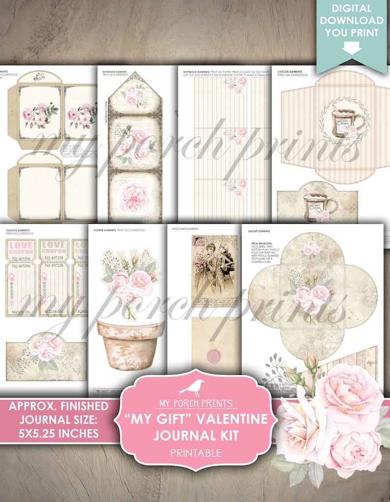 May include: Printable Valentine's Day journal kit with a pink and white floral theme. The kit includes a variety of elements, such as a notebook cover, envelopes, and gift tags. The finished journal size is 5x5.25 inches.