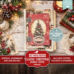 May include: A printable journal topper featuring a red cover with a central oval cutout displaying a decorated Christmas tree. The design includes metal hinge accents, a label reading CHRISTMAS, and text stating MY PORCH PRINTS CLASSIC CHRISTMAS JOURNAL TOPPER PRINTABLE, APPROX. ASSEMBLED SIZE 5X8 INCHES, INCLUDES TOPPER, POCKETS & EPHEMERA.