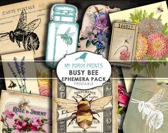 Busy Bee Ephemera Pack, Junk Journal Ephemera, Post Card, Collage Sheet, Download, ATC, Digital, Junk Journal Kit, tag, vintage, Printable