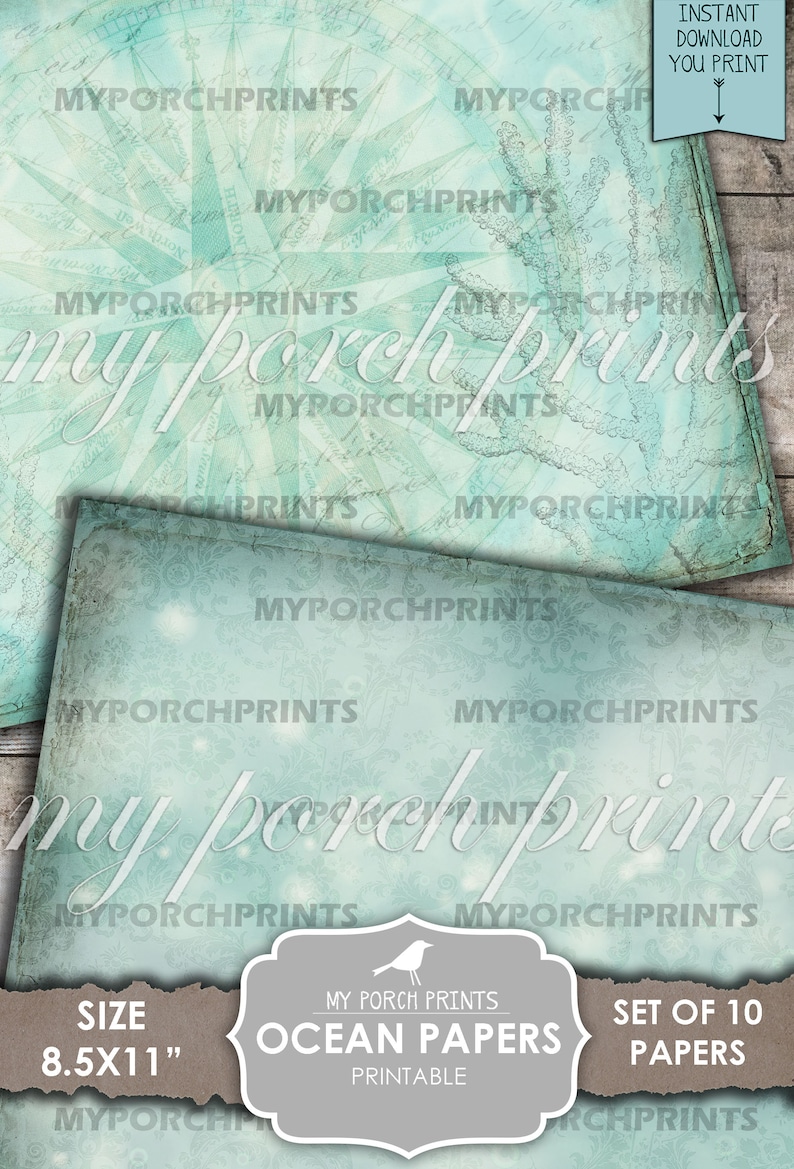 Junk Journal, Ocean Papers, Printable, Mermaid, Sea, Ocean, Paper, Nautical, Shell, Water, Beach, Blue, My Porch Prints, Digital Download image 7