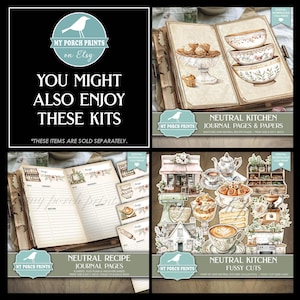 May include: A collage of digital printable kits from My Porch Prints on Etsy. The kits include journal pages, fussy cuts, and recipe pages with a neutral kitchen theme. The images feature vintage-style illustrations of kitchen items.