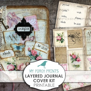 May include: Printable layered journal cover kit with a vintage aesthetic. The kit features a variety of images, including flowers, butterflies, and text. The text includes the words "imagine", "abide", "be still", and "journal".