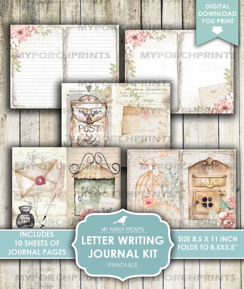 Pu&ograve; includere: Kit di diario per scrivere lettere stampabile con un'estetica vintage. Il kit include 10 fogli di pagine di diario e presenta immagini di cassette postali, uccelli e fiori. Il diario misura 8,5 x 11 pollici e si piega a 8,5 x 5,5 pollici.