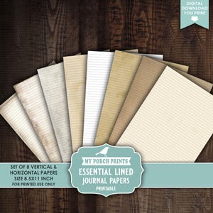 Papeles esenciales para diario creativo con renglones, escritura vertical y horizontal, páginas lisas en tonos neutros de café teñido, My Porch Prints, descarga digital, imprimible.