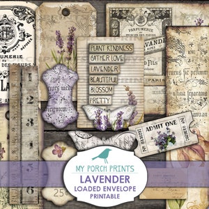 Lavendel geladener Umschlag, Junk Journal Kit, Scrap Pack, bedruckbare Ephemera, Anhänger, Papier, bedruckbar, Postkarte, nähen, Vintage, Kaffee gebeizt