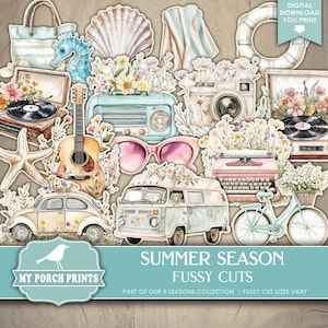 Summer Season FUSSY CUTS, Junk Journal, 4, Four, Seasons, Beach, Cricut, Planner, Pastel, My Porch Prints, Printable Digital Download