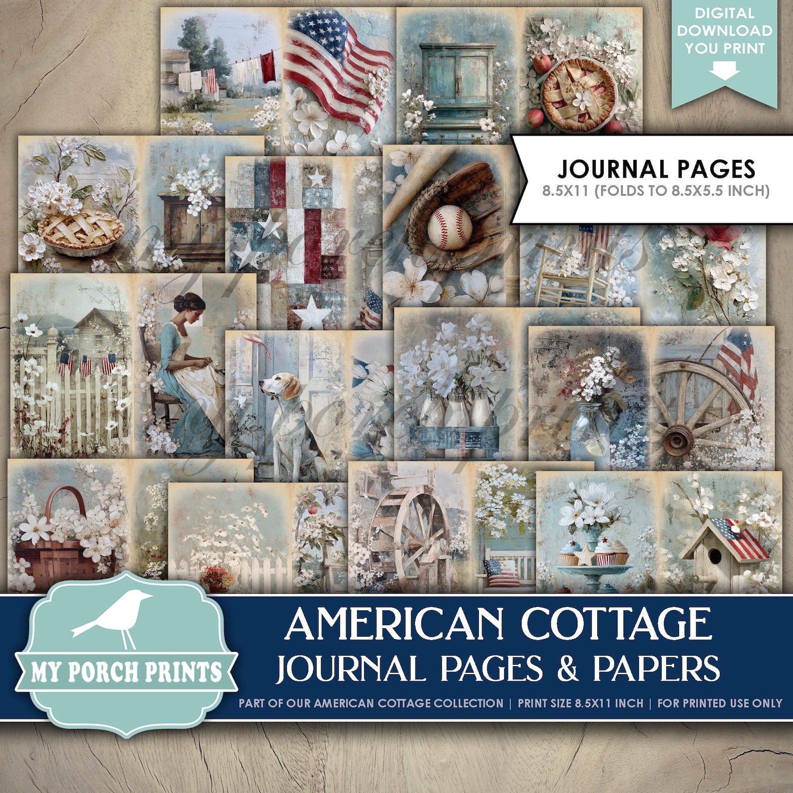 American Cottage Junk Journal PAGES & PAPERS, Kit 4th of July 250th ...