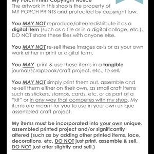 K&ouml;nnte beinhalten: Ein blaues und wei&szlig;es Schild mit dem Text "TERMS OF USE" und "My Porch Prints Copyright Notice". Das Schild listet die Nutzungsbedingungen f&uuml;r digitale Kunstwerke auf, einschlie&szlig;lich Einschr&auml;nkungen hinsichtlich Reproduktion, &Auml;nderung und Weiterverbreitung. Das Schild enth&auml;lt auch ein Copyright-Symbol.
