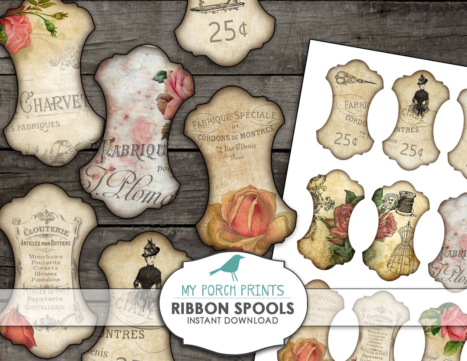 Ribbon Spools, Sewing, Scrapbook, junk journal kit, printable ephemera, tag, paper, printable, cards, download, my porch prints, vintage