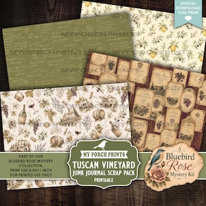 May include: A digital scrap pack featuring four sheets with Tuscan vineyard themes, including wine labels, grape vines, lemons, and script text. The sheets measure 8.5x11 inches and include illustrations of wine barrels, glasses, and buildings.