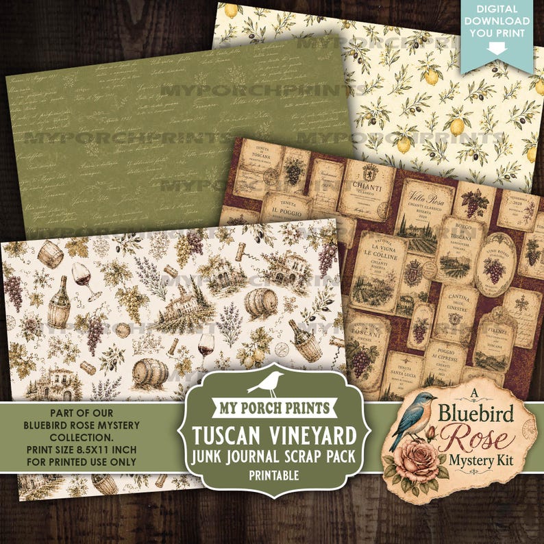 May include: A digital scrap pack featuring four sheets with Tuscan vineyard themes, including wine labels, grape vines, lemons, and script text. The sheets measure 8.5x11 inches and include illustrations of wine barrels, glasses, and buildings.