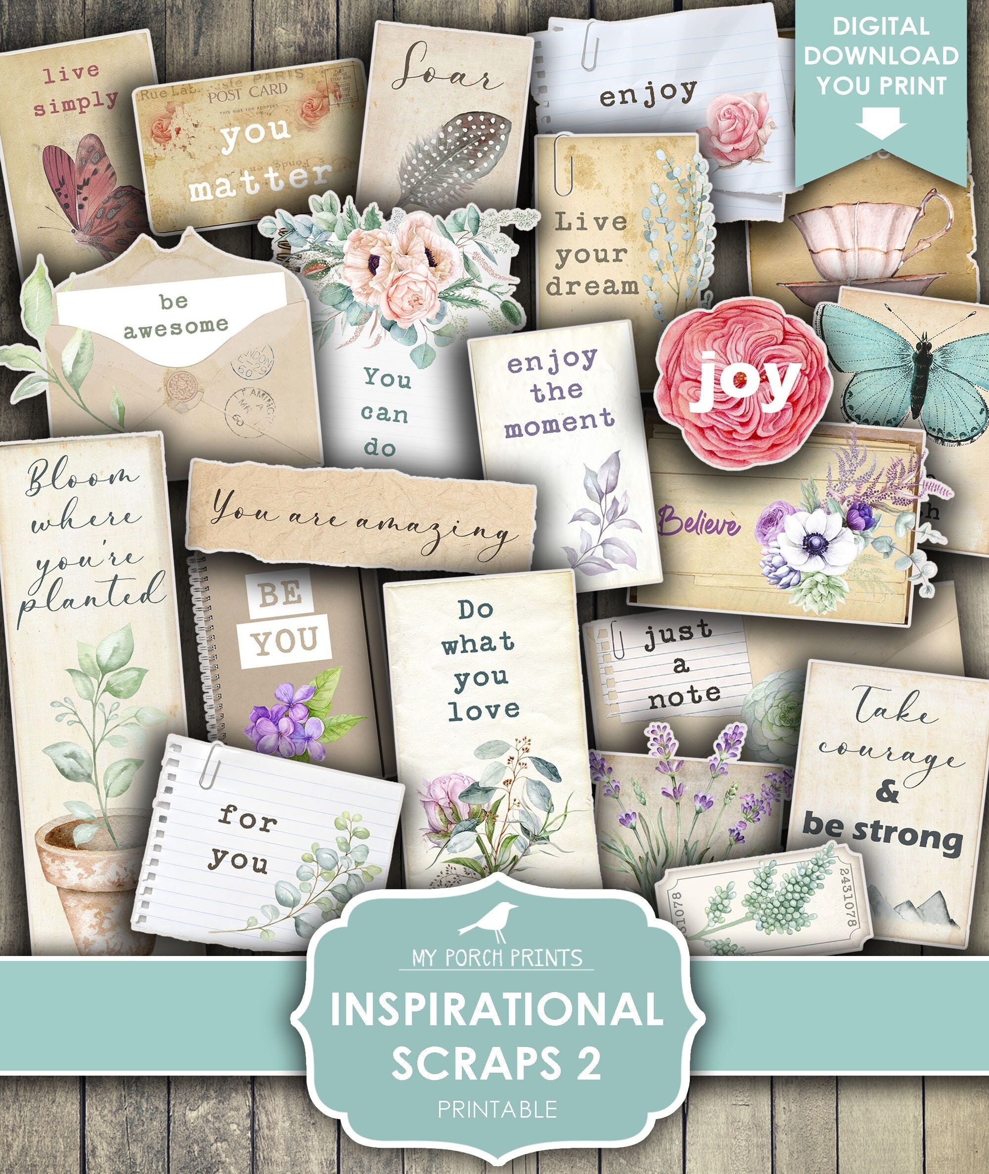 Words, Inspirational, Scraps 2, Junk Journal, Stickers, Fussy Cut,  Encouraging, Sentiments, My Porch Prints, Printable, Digital Download 