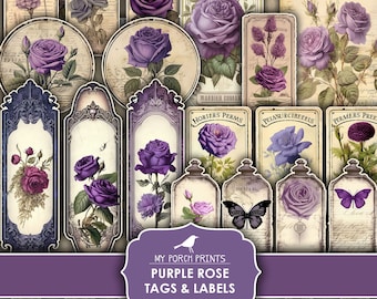 Junk Journal, Purple, Rose, Tags and Labels, Fussy Cut, Vintage, Cricut, Planner, Victorian, Printable, My Porch Prints, Digital Download