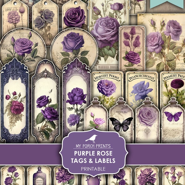 Junk Journal, Purple, Rose, Tags and Labels, Fussy Cut, Vintage, Cricut, Planner, Victorian, Printable, My Porch Prints, Digital Download