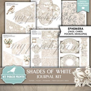 May include: A digital printable journal kit in shades of white with floral and bird illustrations. The kit includes papers, pages, ephemera, tags, cards, pockets, and envelopes. The print size is 8.5x11 inches.