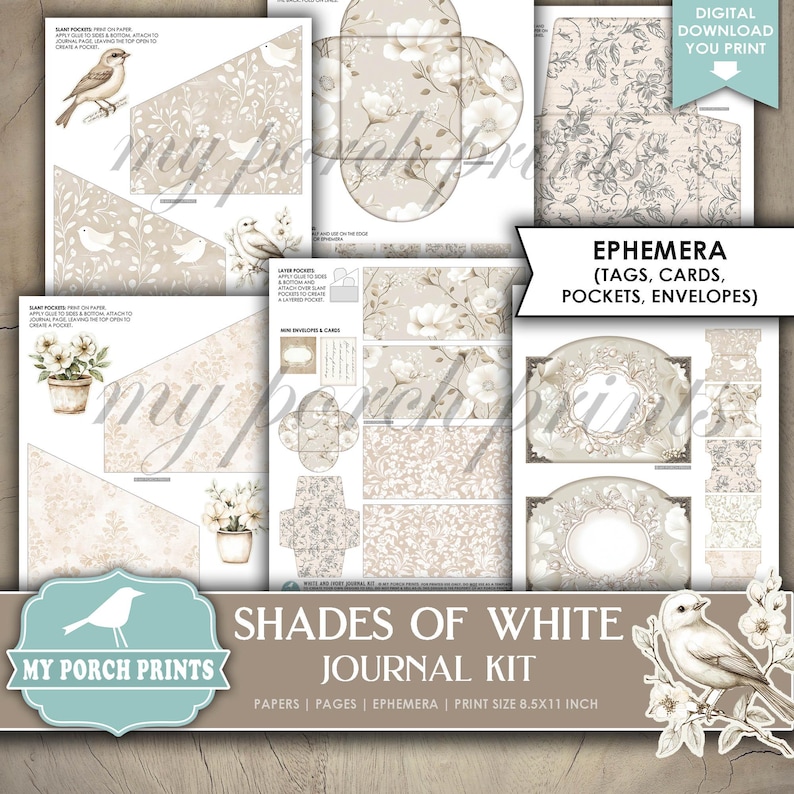 May include: A digital printable journal kit in shades of white with floral and bird illustrations. The kit includes papers, pages, ephemera, tags, cards, pockets, and envelopes. The print size is 8.5x11 inches.
