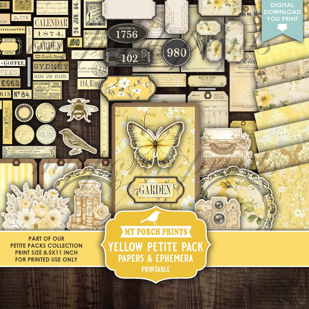 Yellow Petite Pack Junk Journal Ephemera and Papers Kit, Numbers Bee ...