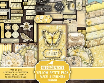 Yellow Petite Pack Junk Journal Ephemera and Papers Kit, Numbers Bee Vintage Labels Fussy Cuts My Porch Prints Printable Digital Download