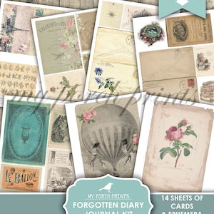 May include: Printable digital download journal kit with 14 sheets of cards and ephemera. The kit features vintage illustrations of a hot air balloon, roses, birds, and other ephemera. The kit is perfect for scrapbooking, journaling, and other crafting projects.