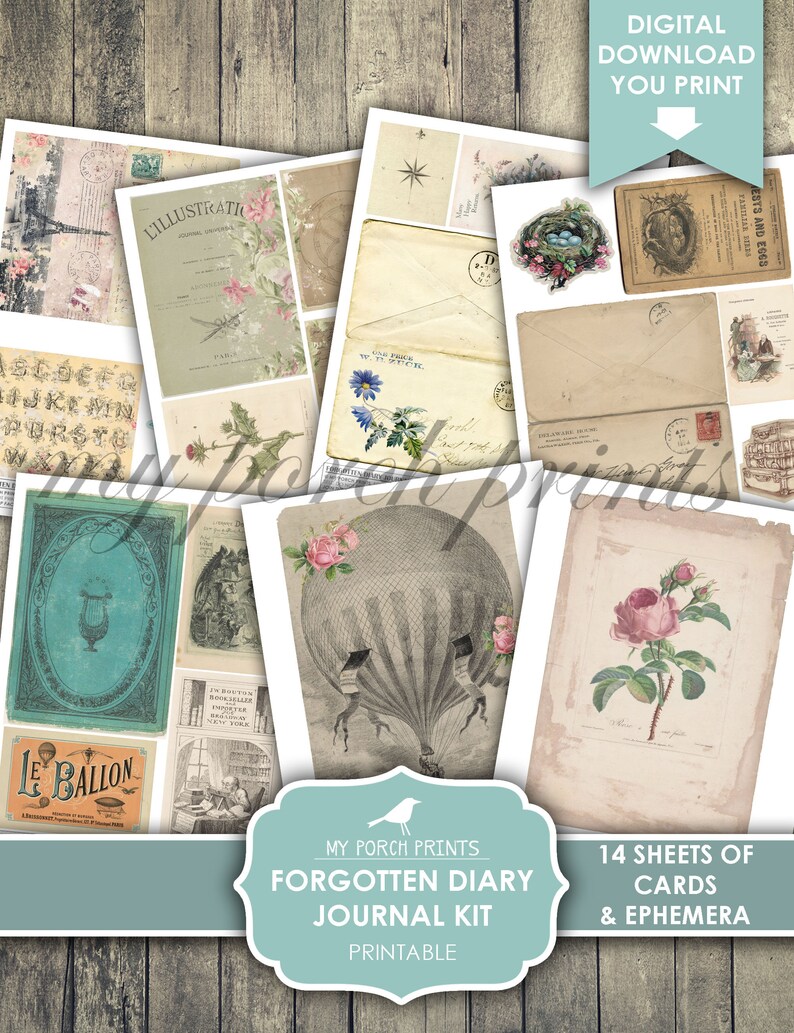 May include: Printable digital download journal kit with 14 sheets of cards and ephemera. The kit features vintage illustrations of a hot air balloon, roses, birds, and other ephemera. The kit is perfect for scrapbooking, journaling, and other crafting projects.