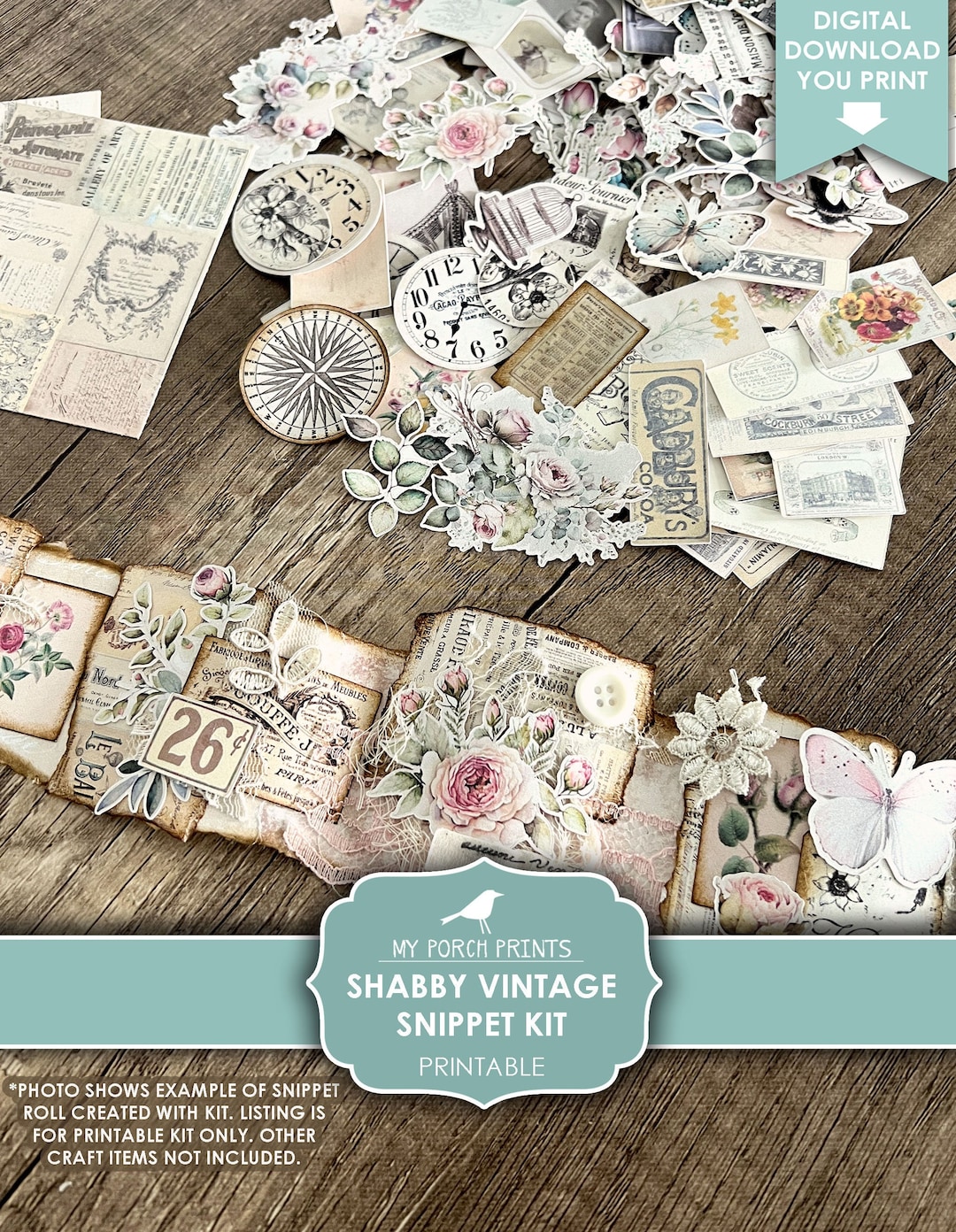 Junk Journal, Shabby, Vintage, Snippet, Kit, Roll, Fussy Cuts, Flowers ...