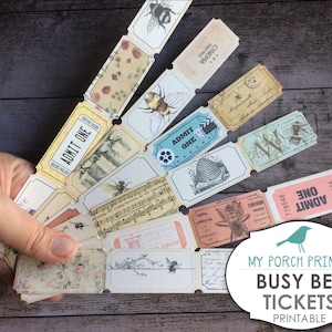 Busy Bee Tickets, Printable Ephemera, Junk Journal Kit, Collage Sheet, Paper, Vintage, Ticket, Cards, Embellishment, Scrapbook, Download
