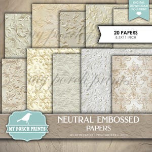 Neutral Embossed Papers, Vintage, Filler, Coffee Dyed, Extra, Leather, Stamped, White, Backing, My Porch Prints, Printable, Digital Download