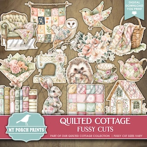 Quilted Cottage FUSSY CUTS, Junk Journal Quilting Quilts Sewing Cottagecore Farm Stickers Planner My Porch Prints Printable Digital Download