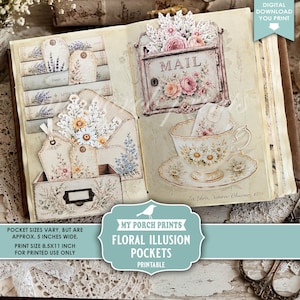 May include: A digital printable sheet featuring floral-themed scrapbook elements including a mailbox with roses, a teacup with daisies, stacked books, and gift tags. The text reads "MAIL" and "MY PORCH PRINTS FLORAL ILLUSION POCKETS". Print size is 21.6x27.9 cm.