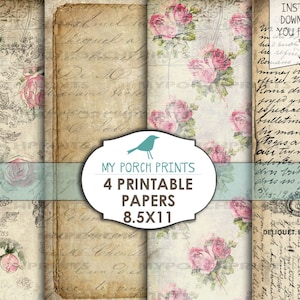 May include: Set of four printable digital papers featuring vintage floral patterns and handwritten text. The papers are 8.5 inches by 11 inches.