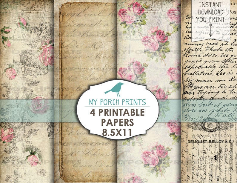 May include: Set of four printable digital papers featuring vintage floral patterns and handwritten text. The papers are 8.5 inches by 11 inches.