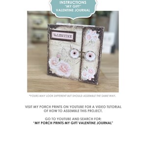 May include: A vintage-style Valentine's Day journal with a pink and white floral design. The journal has a brown leather cover with a metal clasp and a pink label that says "Valentine".