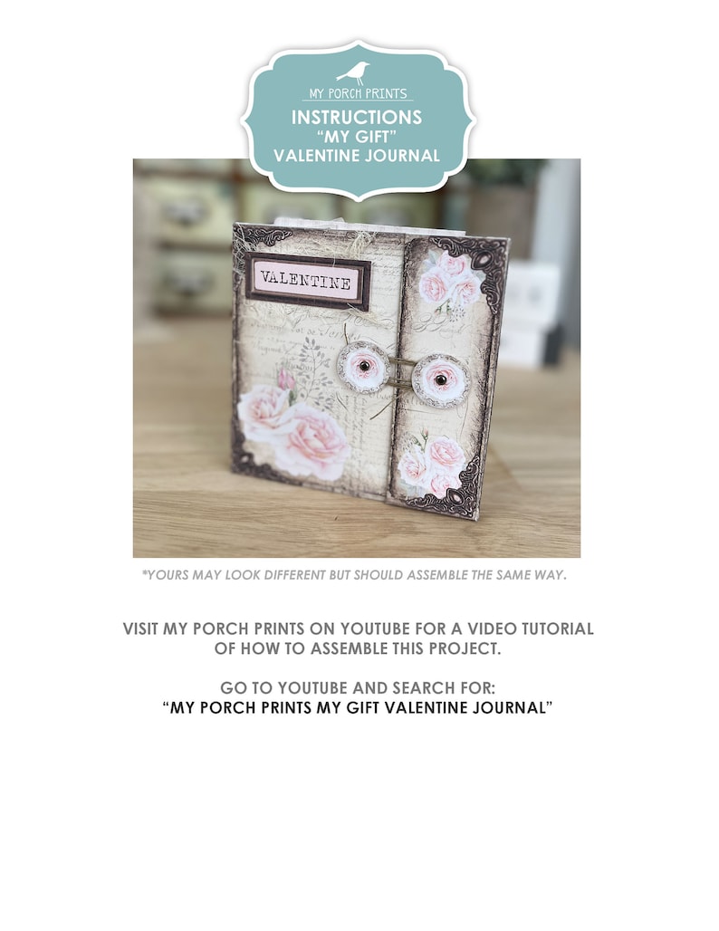May include: A vintage-style Valentine's Day journal with a pink and white floral design. The journal has a brown leather cover with a metal clasp and a pink label that says "Valentine".