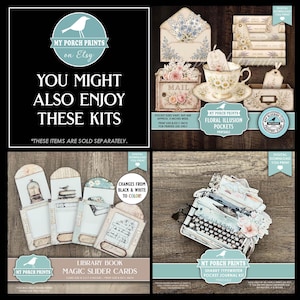 May include: A digital download collection featuring floral illusion pockets, library book magic slider cards, and a typewriter pocket journal kit. The image includes text such as 'You might also enjoy these kits', 'Floral Illusion Pockets', 'Library Book Magic Slider Cards', and 'Shabby Typewriter Pocket Journal Kit'.