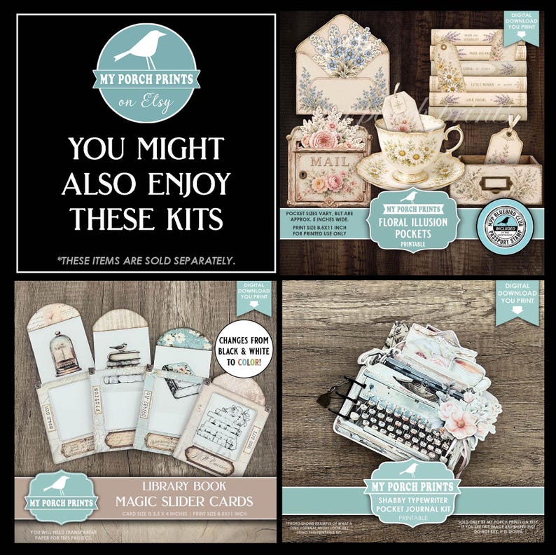 May include: A digital download collection featuring floral illusion pockets, library book magic slider cards, and a typewriter pocket journal kit. The image includes text such as 'You might also enjoy these kits', 'Floral Illusion Pockets', 'Library Book Magic Slider Cards', and 'Shabby Typewriter Pocket Journal Kit'.