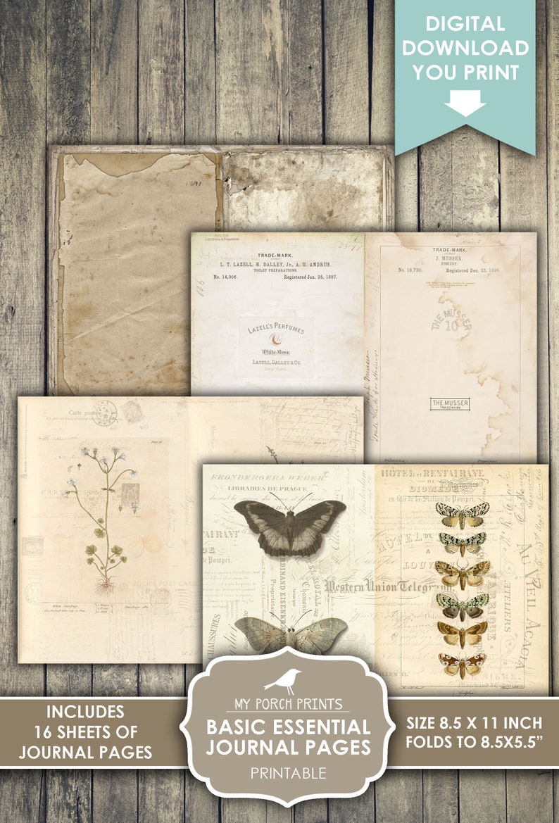 Puede incluir: P&aacute;ginas de diario imprimibles con una est&eacute;tica vintage. Las p&aacute;ginas presentan im&aacute;genes de mariposas, flores y texto en una paleta de colores apagados. Las p&aacute;ginas miden 8,5 pulgadas por 11 pulgadas y se pliegan a 8,5 pulgadas por 5,5 pulgadas.