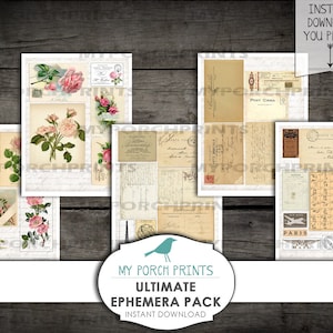 May include: A collection of vintage ephemera sheets featuring floral illustrations, postcards, and handwritten script. The sheets include images of roses, a dove, and stamps. The text on the sheets reads "Instant Download You Print" and "My Porch Prints Ultimate Ephemera Pack Instant Download."