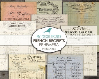 Français Reçus Cartes éphémères, Grand livre, Facture, Scrapbooking, Minable, Numérique, Feuille de collage, Télécharger, Journal de pacotille, vintage, Imprimable